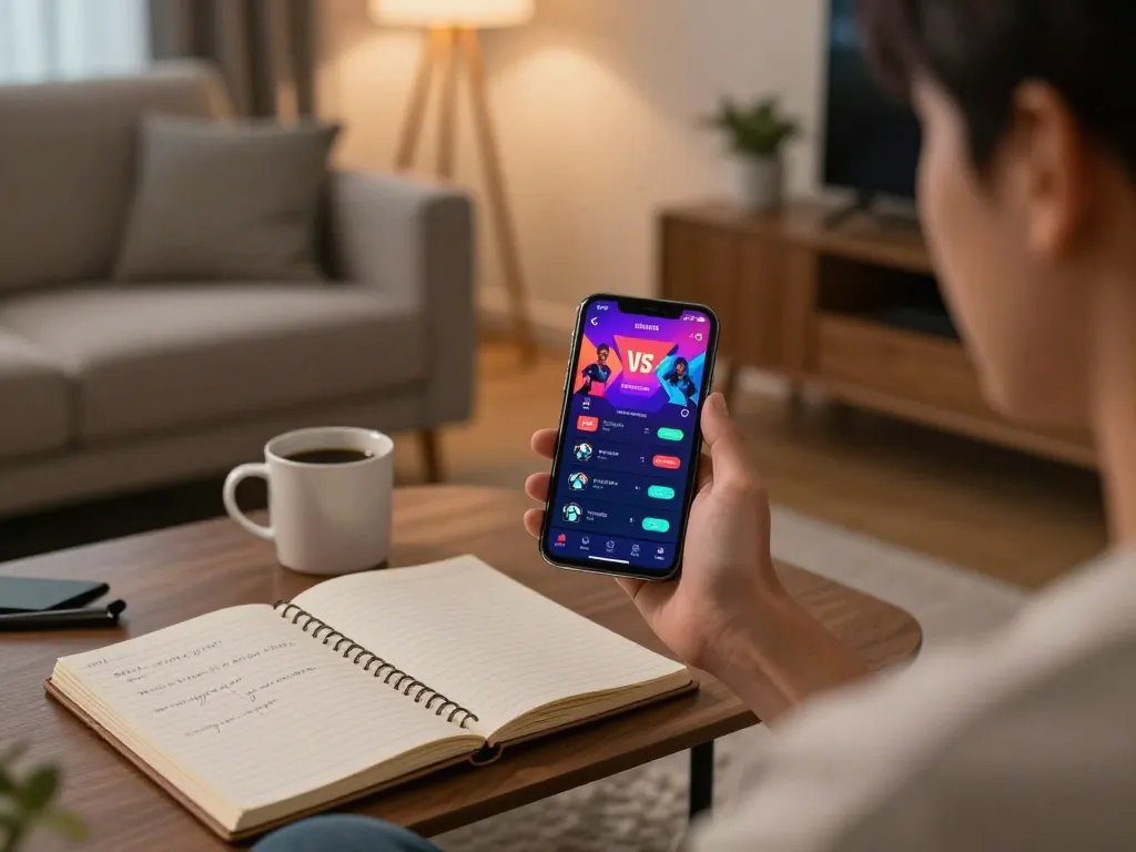 Engaging in esport betting Singapore on a smartphone while analyzing odds in a cozy home setting.