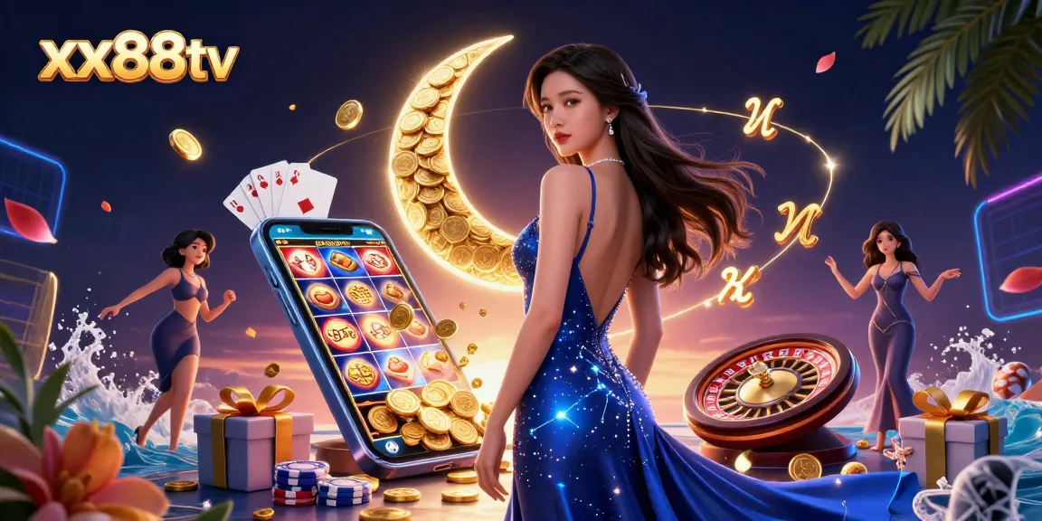 Experience the thrill of gaming with xx88tv, featuring vibrant 3D visuals of slots, cards, and poker elements.