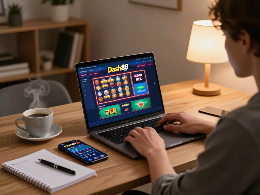 Player engaged with Dash88 online gaming interface while strategizing bets at home