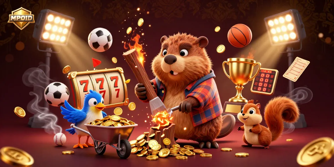 MPOID showcases a cartoon beaver and companions collecting coins in vibrant casino-themed illustration.