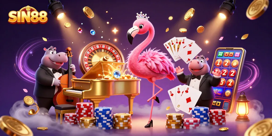 SIN88's vibrant casino scene showcases a flamingo singer and hippo bassist amidst flying coins and sparkling gems.