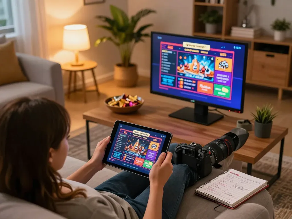 Engaging gameplay on non gamstop casinos at home, showcasing a player using a tablet and strategy notes.