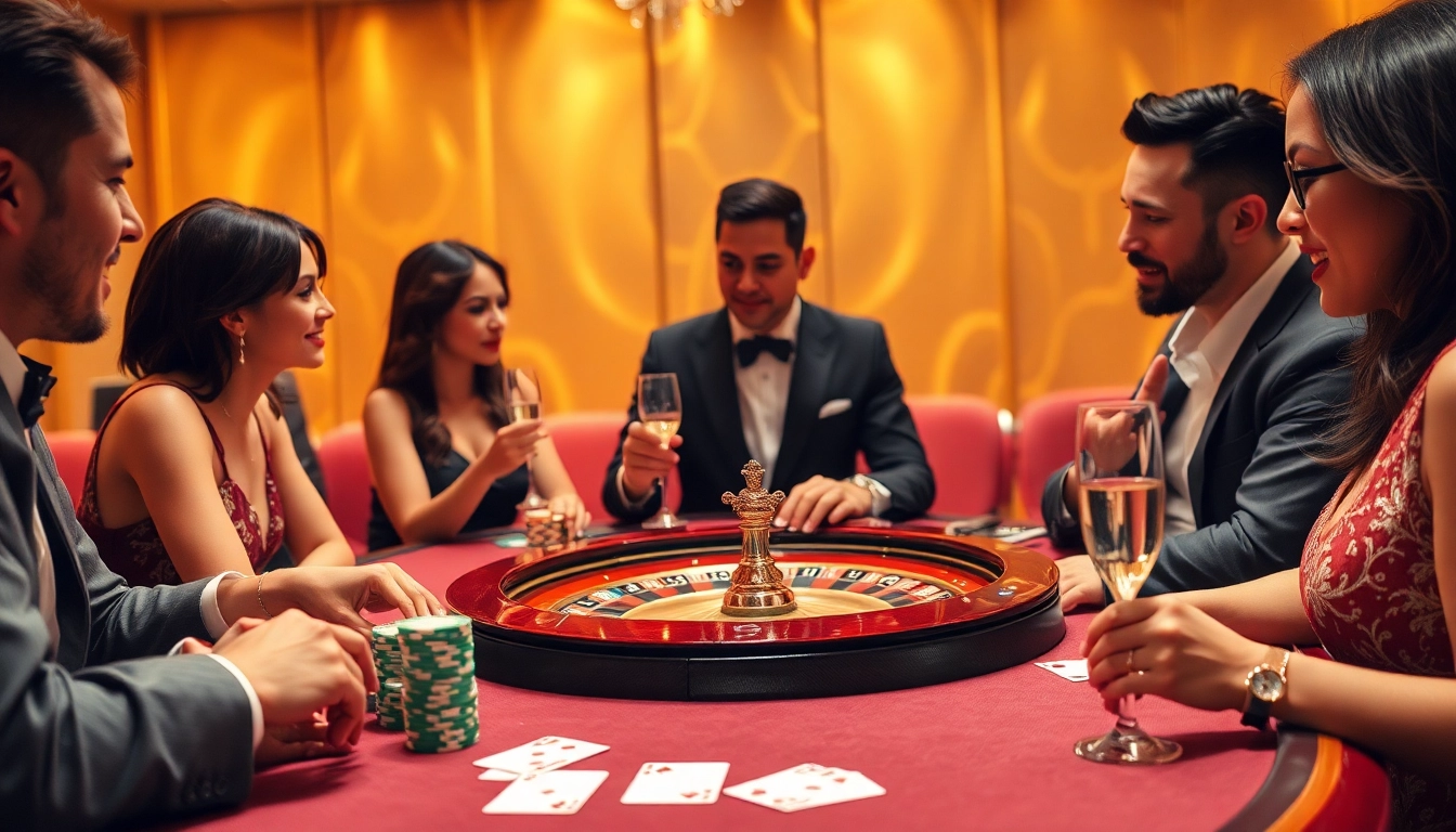 Exciting y3娱乐 gaming atmosphere with players and a roulette table in a luxurious casino setting.