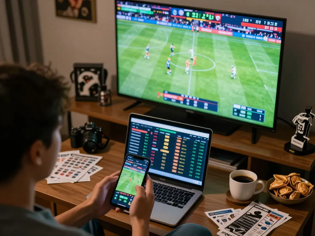 Engaging in live betting with bem88 nhà cái on a smartphone while watching sports.