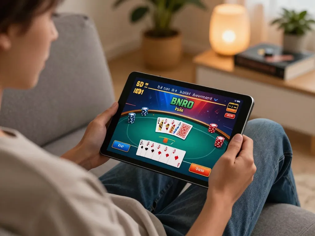 Playing game bài on a tablet in a cozy living room setting.