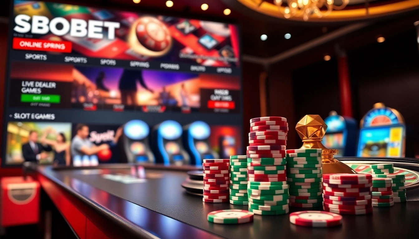 SBOBET showcases an elegant casino atmosphere with vibrant betting options and luxury gaming elements.