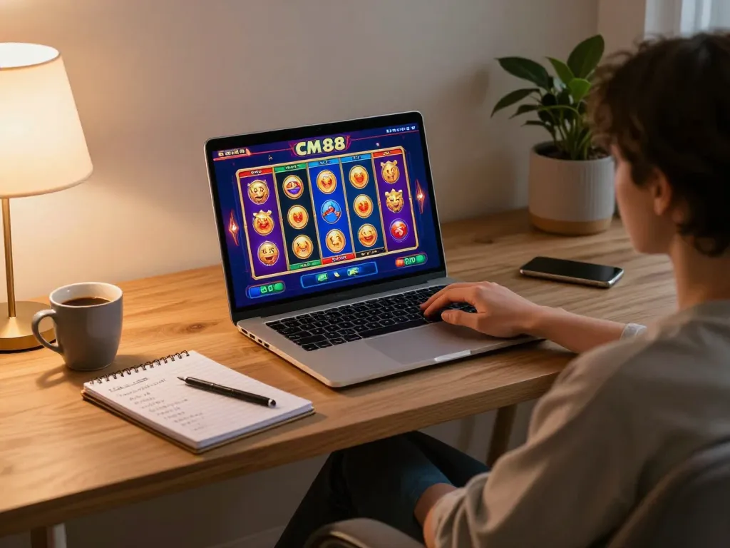 Player engages with cm88 casino games on a stylish laptop at home, embodying responsible gaming.