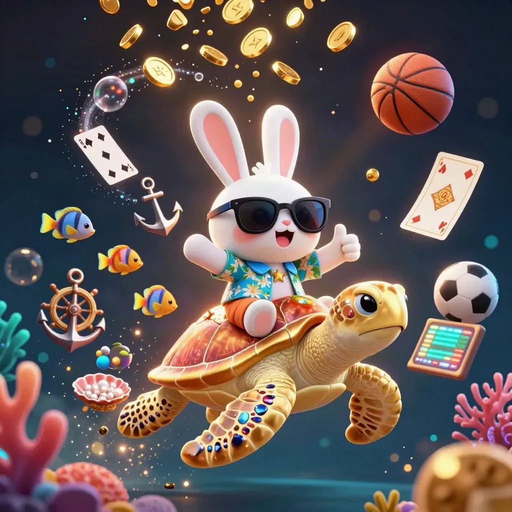 Lucky rabbit rides a golden sea turtle amid coins, fish, coral, and casino sports symbols