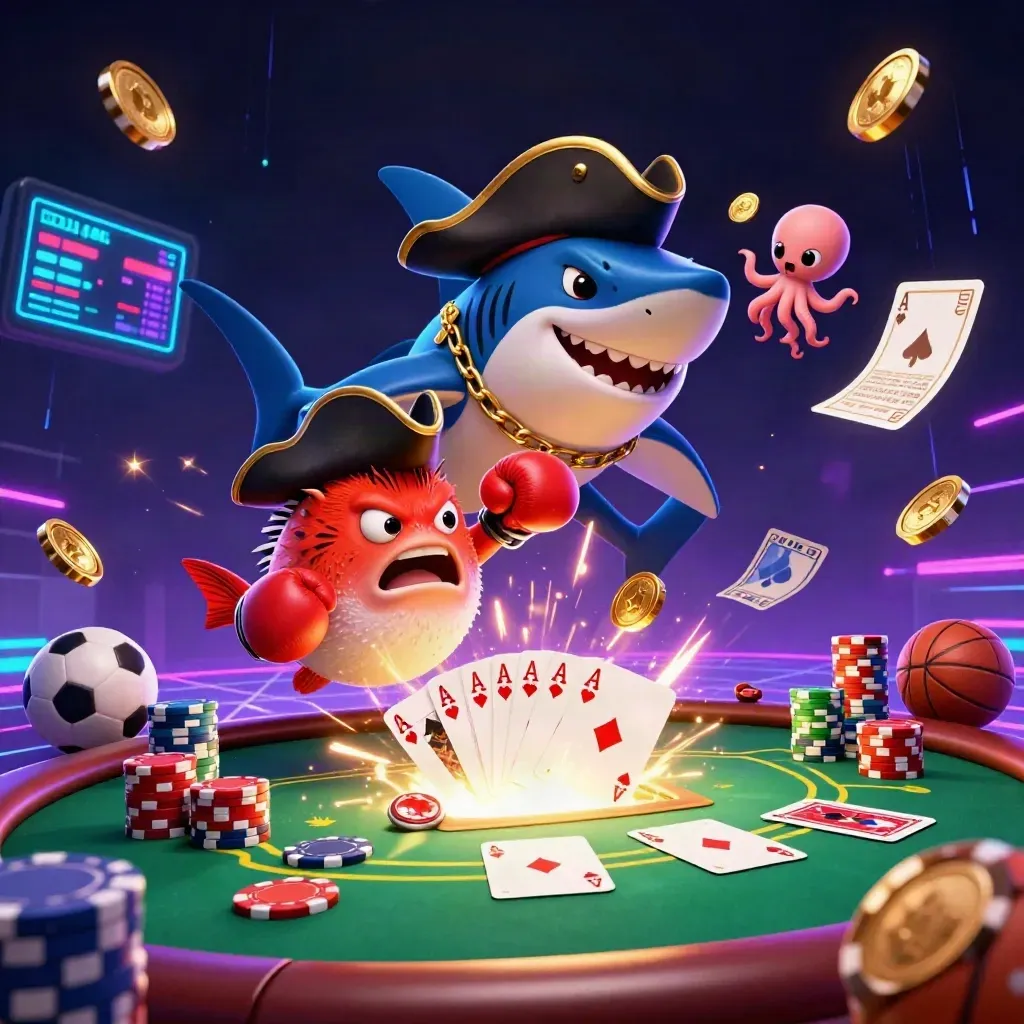 Pirate shark, boxing pufferfish, and juggling octopus amid casino chips and neon energy