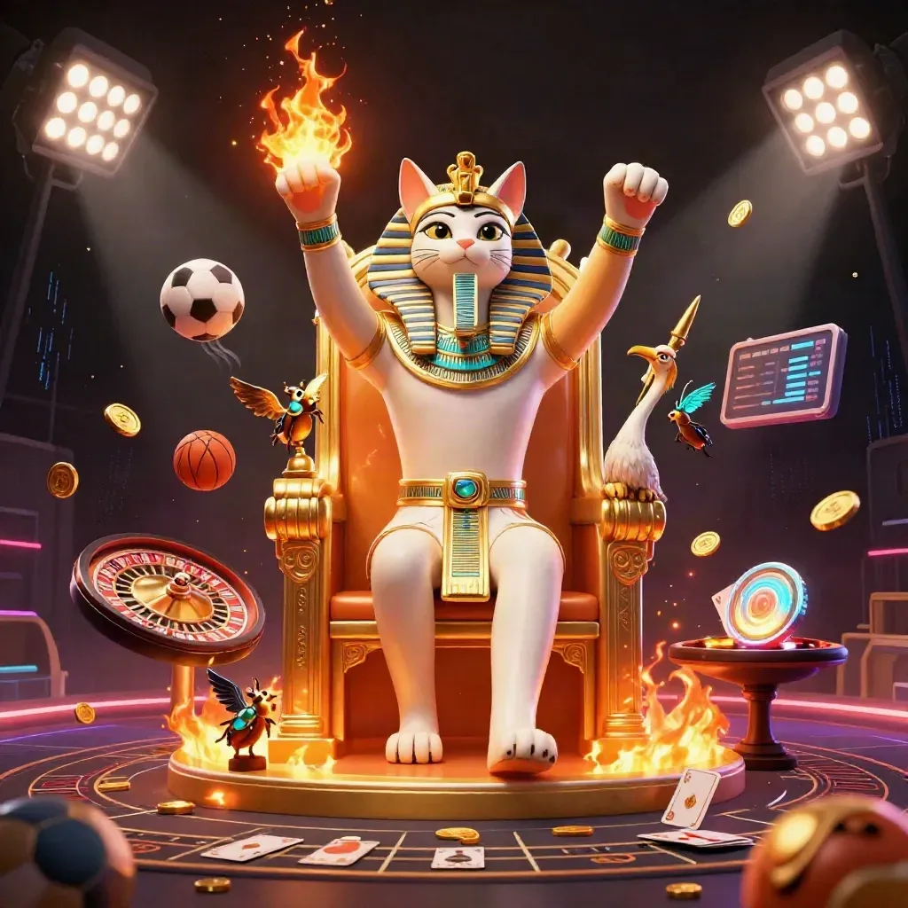 Pharaoh cat on throne with ibis scribe, scarabs, sports balls and casino glow