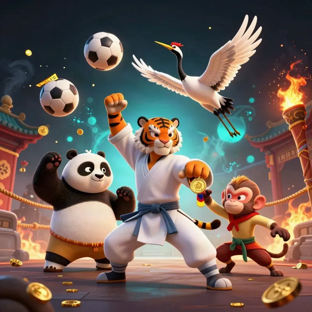 Kung-fu tiger, panda, and monkey amid flying medals, balls, coins, and temple sparks.