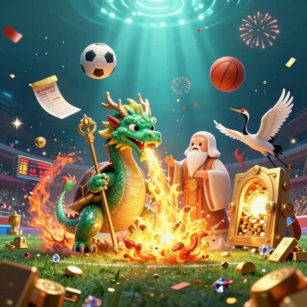 Jade dragon, turtle sage, cranes, gold vault, balls and casino loot in a neon sports splash.