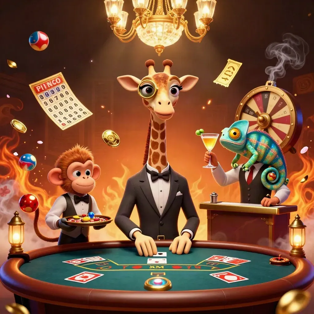 Luxe casino scene with a giraffe, monkey valet and chameleon bartender amid glowing game props.