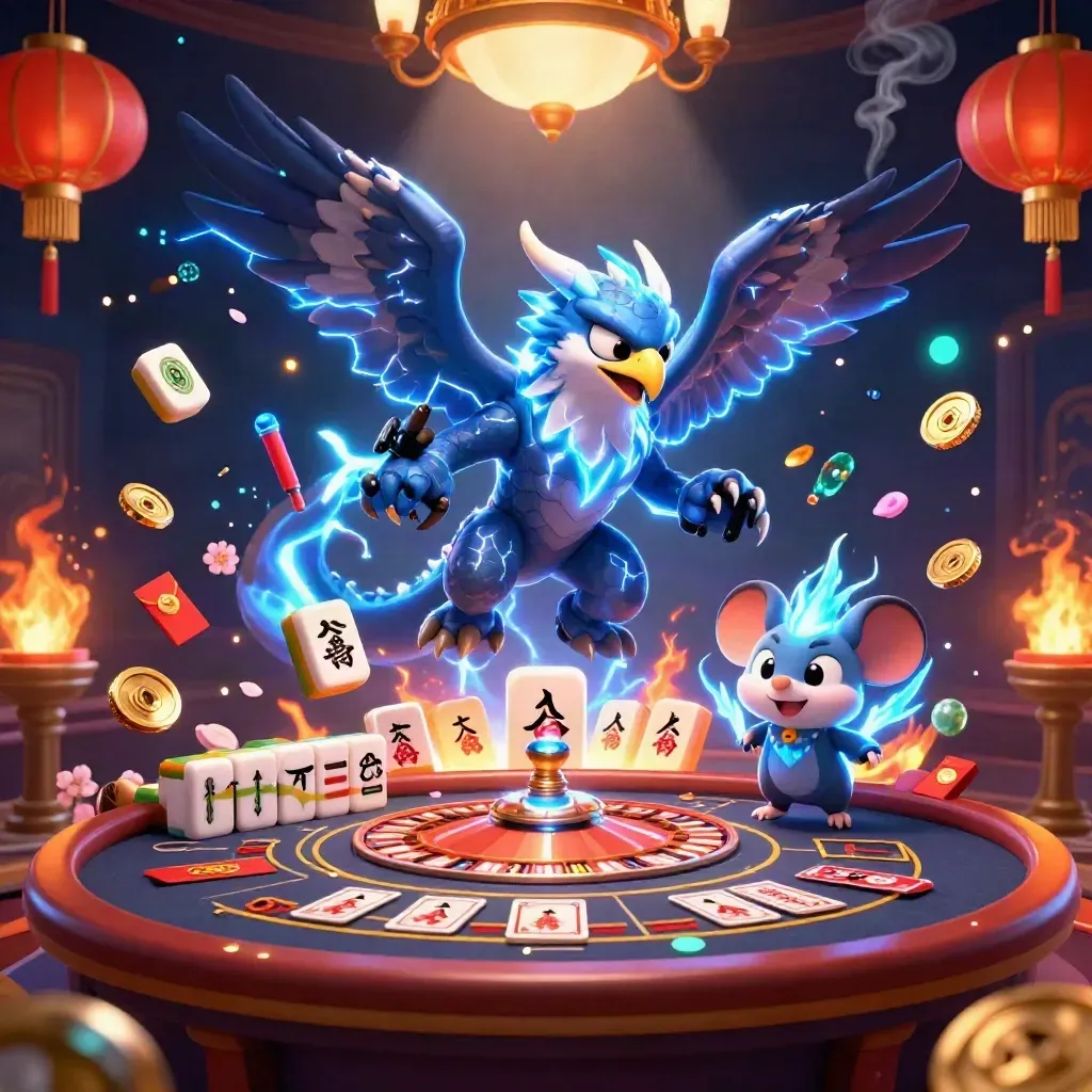 Thunder dragon, wind hawk, and static mouse in luxe casino glow with roulette and lanterns.