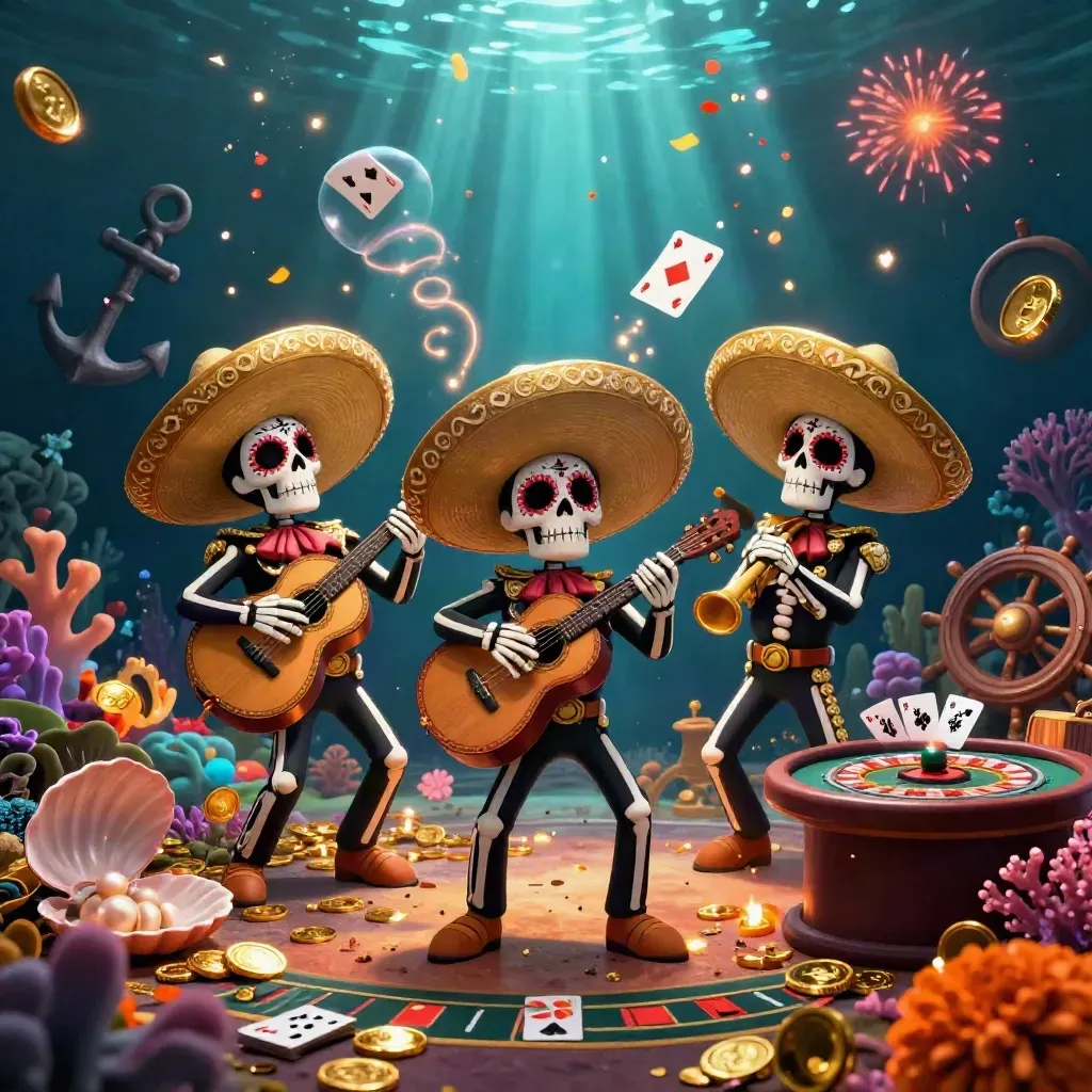 Skeleton mariachi trio in a neon underwater casino with treasure, coins, cards and gold light