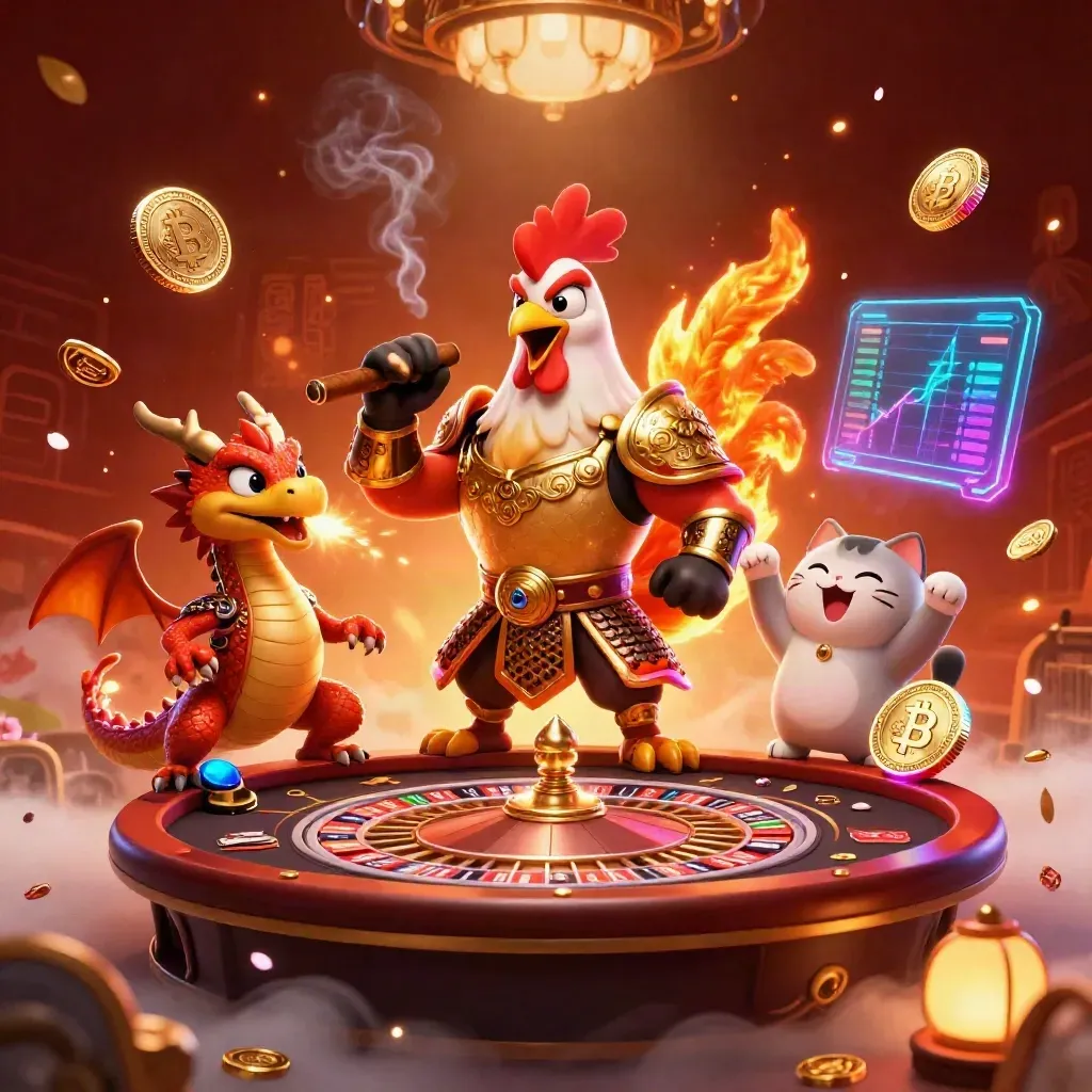 Rooster warrior, dragon hatchling, and fortune-cat in a glowing casino battle scene.
