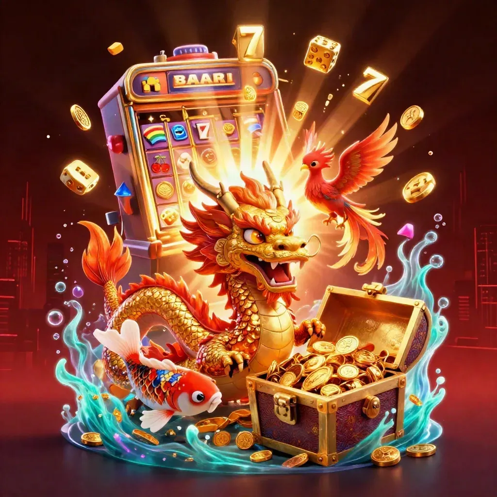Golden dragon with phoenix and koi bursting from treasure chest amid casino glow