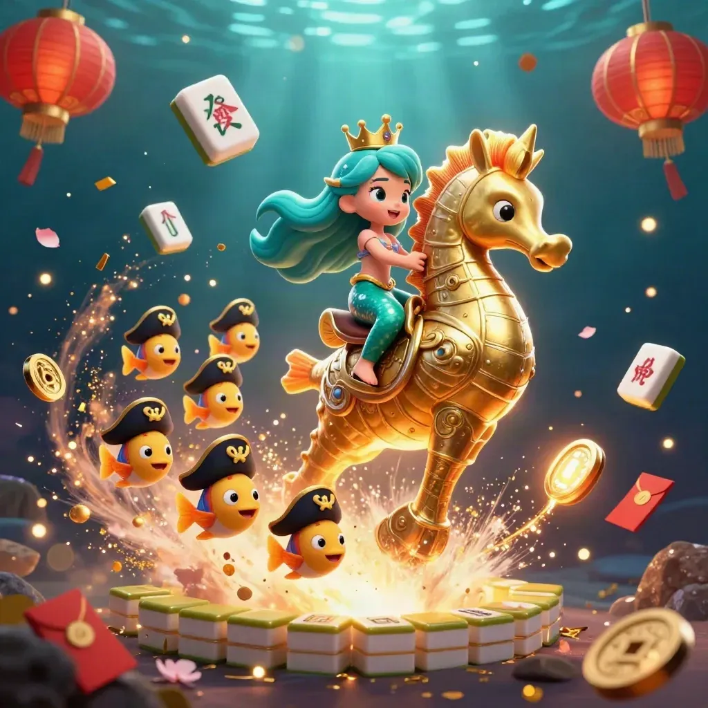 Mermaid princess on a gold-armored seahorse with pirate fish and casino treasures underwater.
