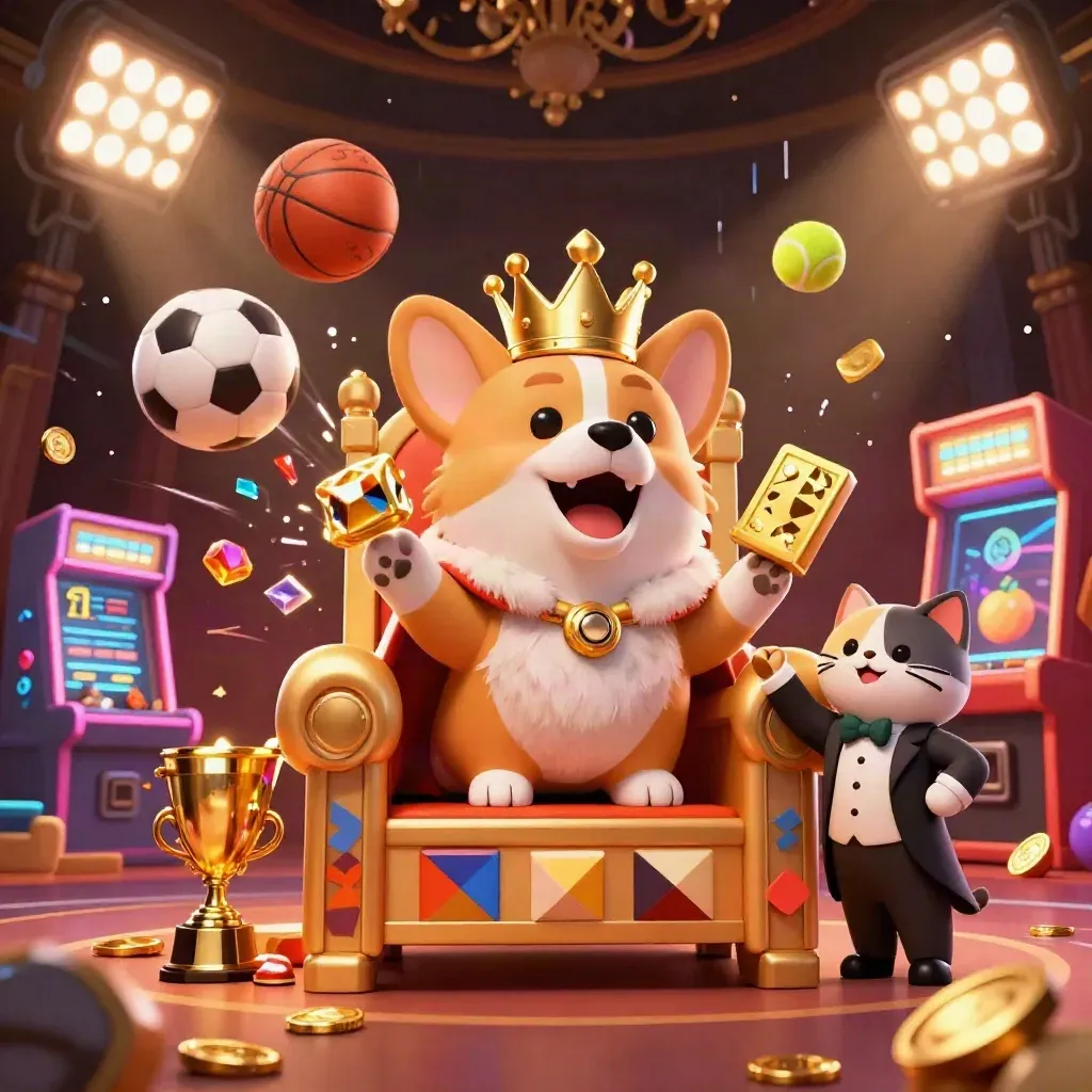 Royal corgi and cat butler on chip throne amid sports balls, coins, trophies, and neon casino energy.