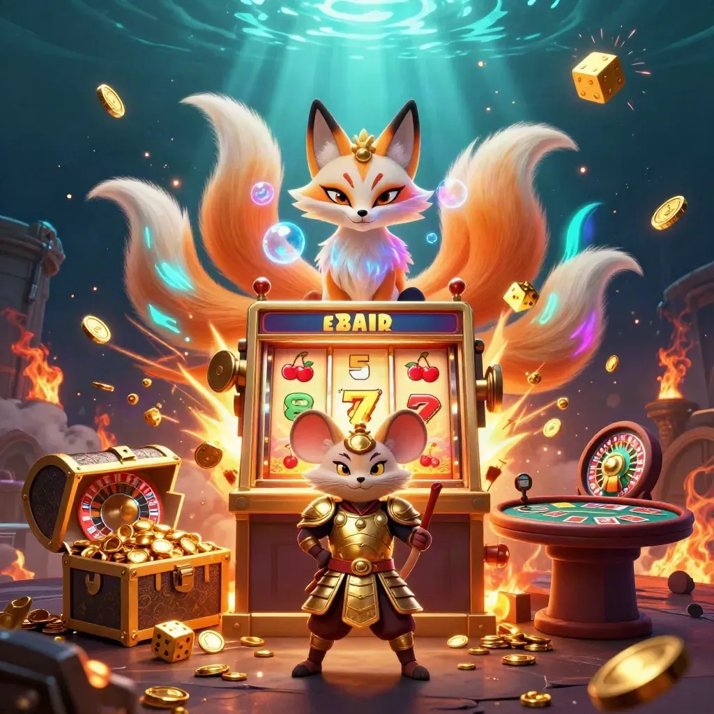 Neon fox spirit and samurai mouse amid bursting slots, coins, treasure, cards, and casino lights.