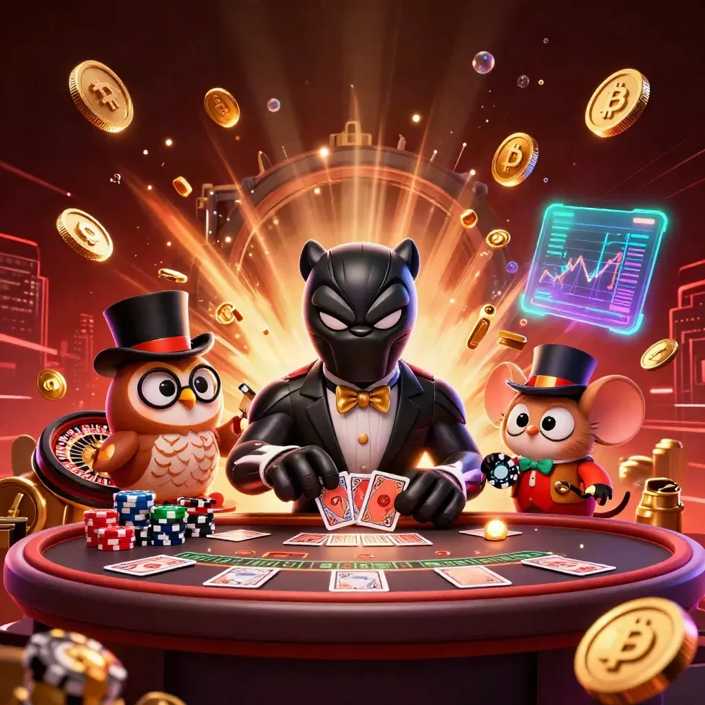 Panther, owl, and mouse in a neon casino treasure burst with cards, coins, and fireworks.