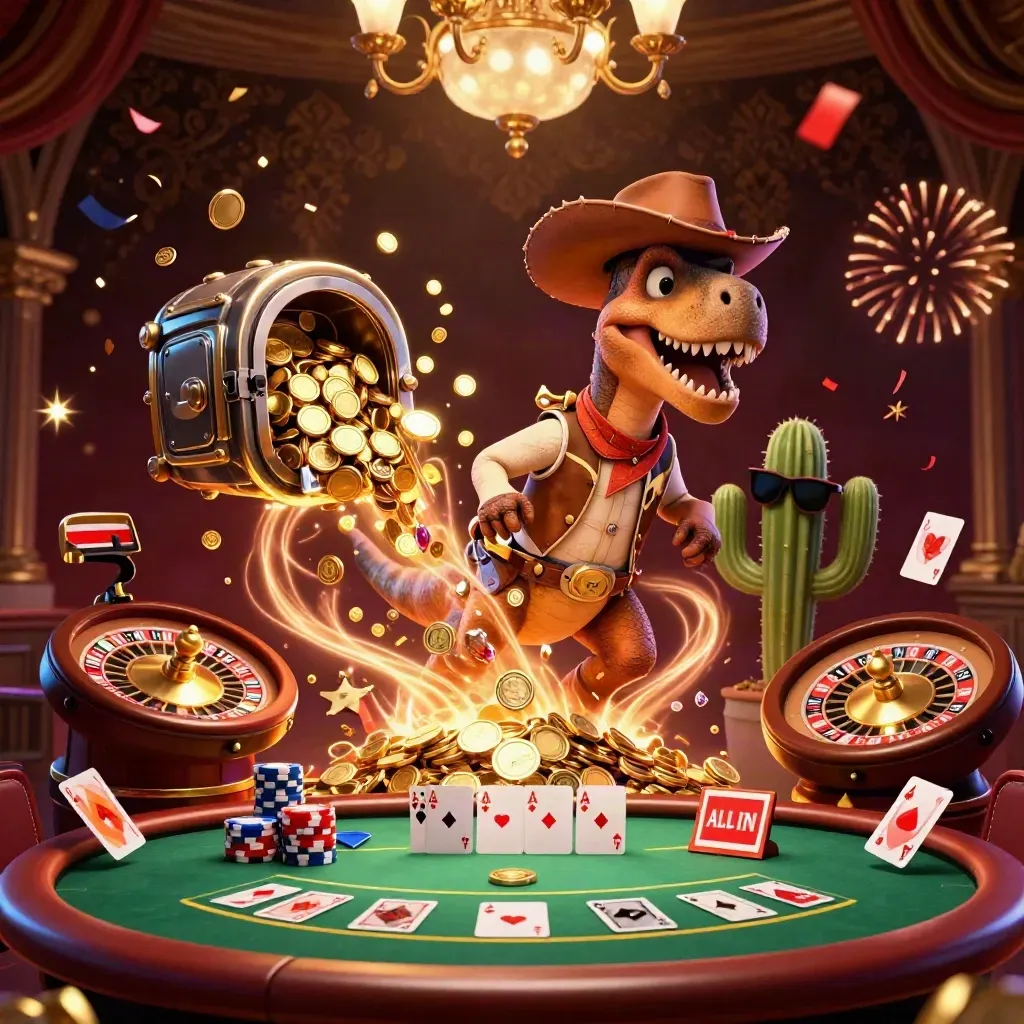 Cowboy T-Rex, cactus sidekick, and roadrunner burst from treasure amid chips, cards, coins, and fireworks.