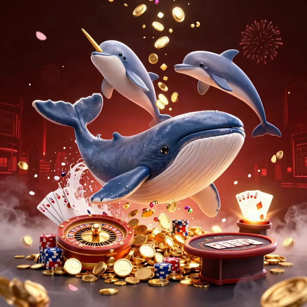 Whale captain, narwhal, and dolphins burst through coins, cards, chips, and fireworks in luxe casino art.