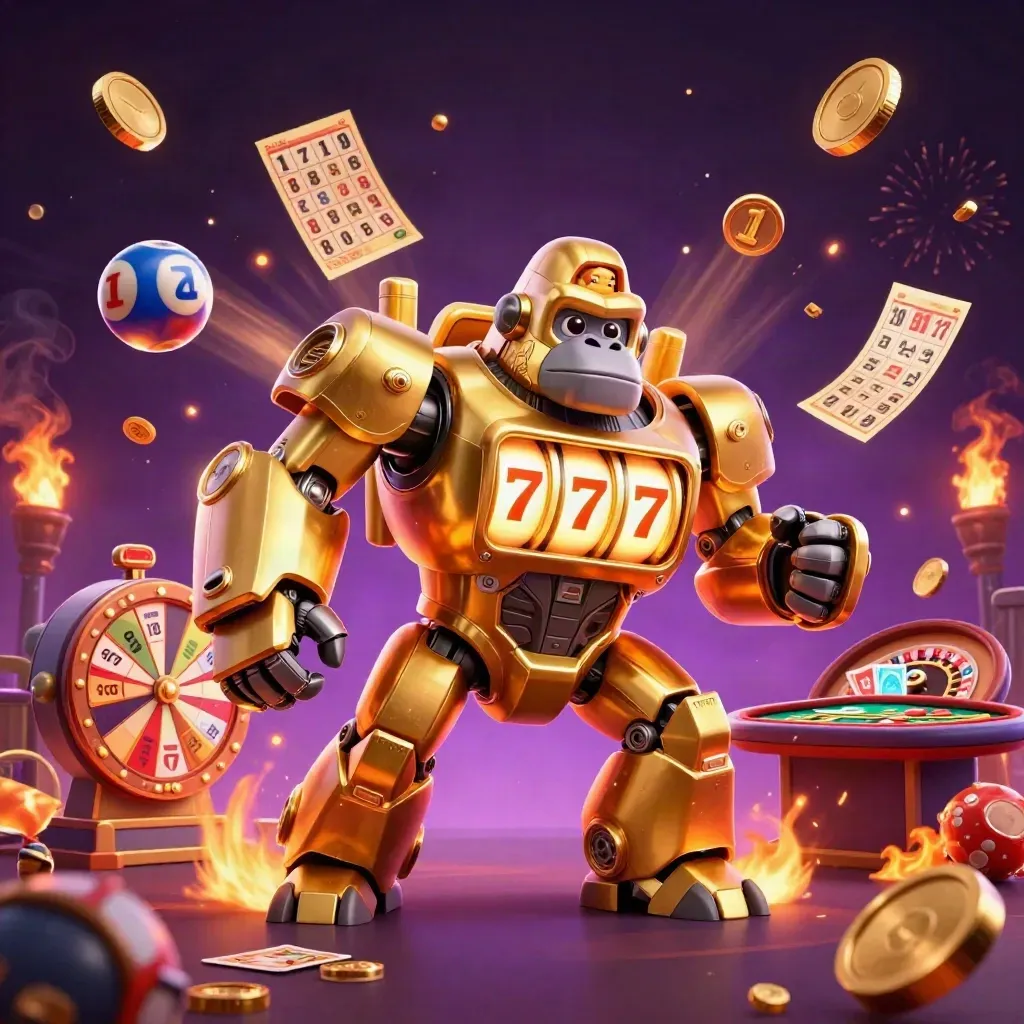 Golden gorilla mech with monkey pilot, coins, fireworks, and casino symbols exploding in a purple void.