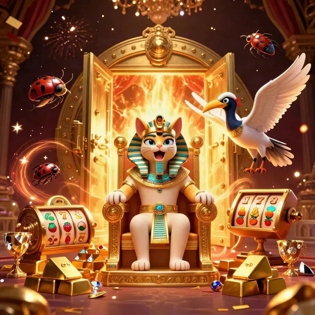 Pharaoh cat, ibis scribe and scarabs amid vault gold, reels, sparkles and dark burgundy luxe.