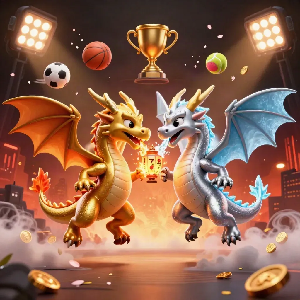 Twin gold and silver dragons swirl in a fiery icy yin-yang with casino and sports effects.