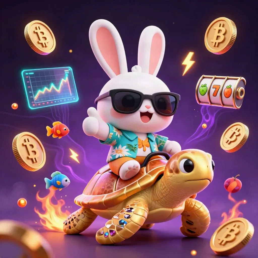 Rabbit mascot riding a gold sea turtle with casino coins and neon effects