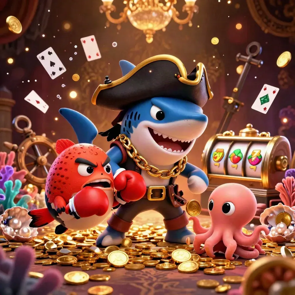 Pirate shark, boxing pufferfish, and coin-juggling octopus in a luxe casino treasure cove.