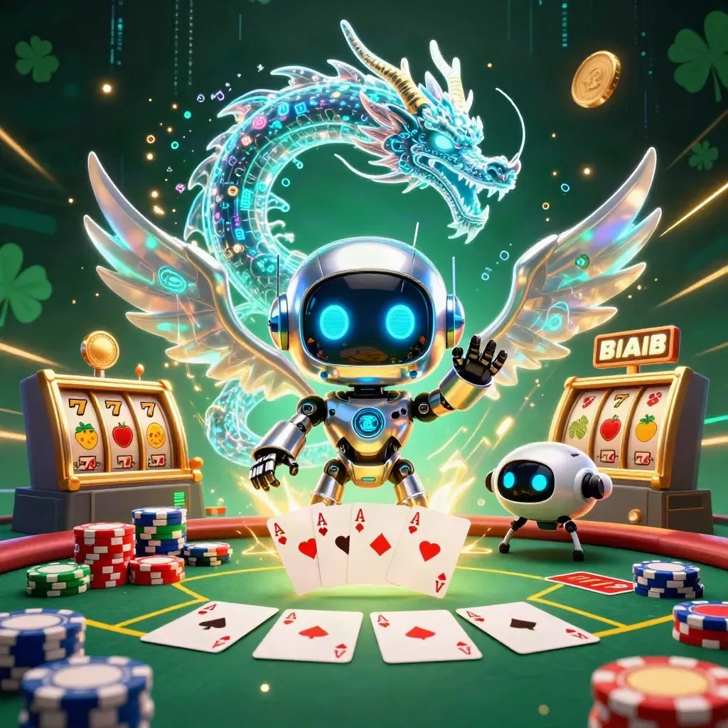 Chrome robot, holo dragon, and coin drone over casino cards, chips, reels, and neon energy