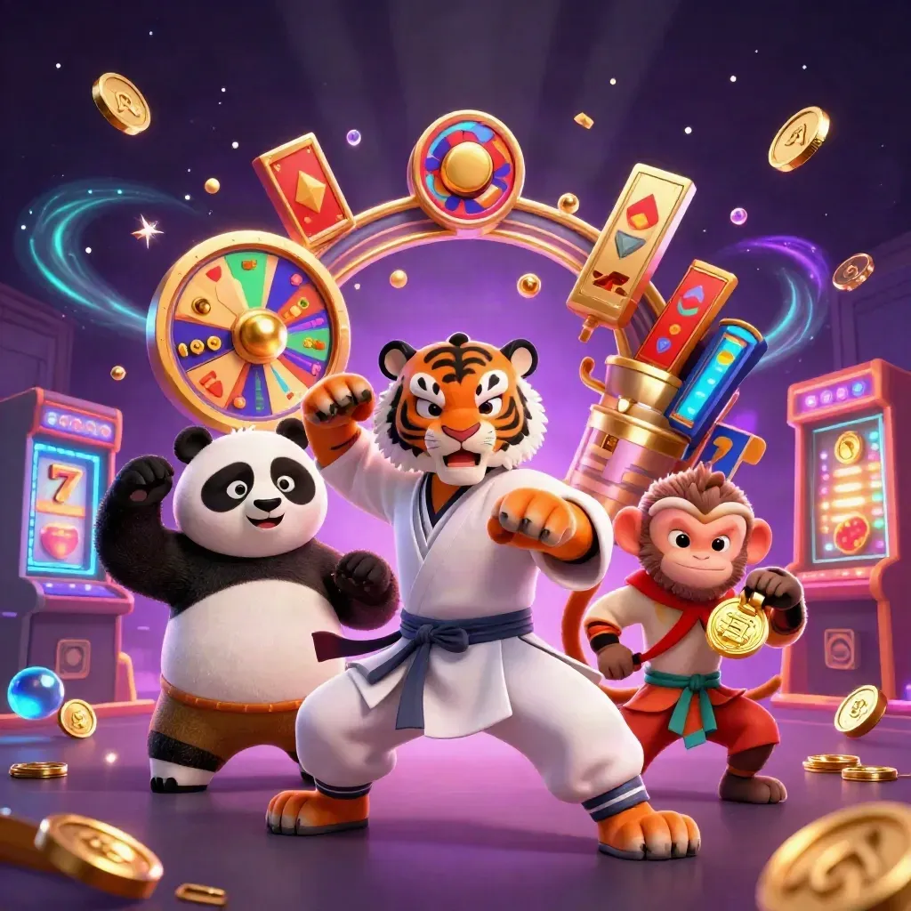 Tiger, panda, and monkey in a neon casino splash with coins, chips, roulette, and slot symbols