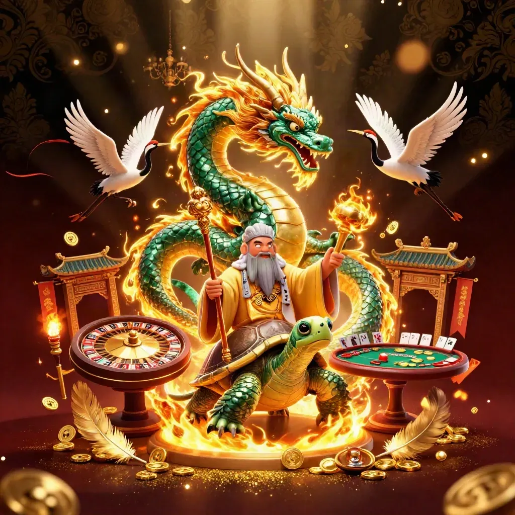 Jade dragon, turtle sage and cranes amid gold fire, coins, roulette wheel and temple gate.