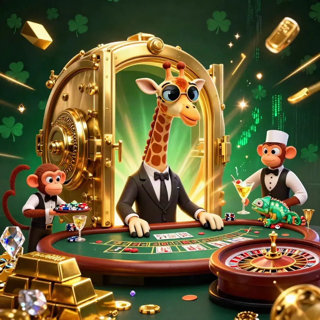 Giraffe, monkey valet, and chameleon bartender around a glowing gold vault in neon casino luxe.