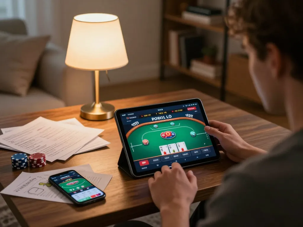 Okwintv player engaging in online poker strategy, showcasing mobile gaming setup in a cozy environment.