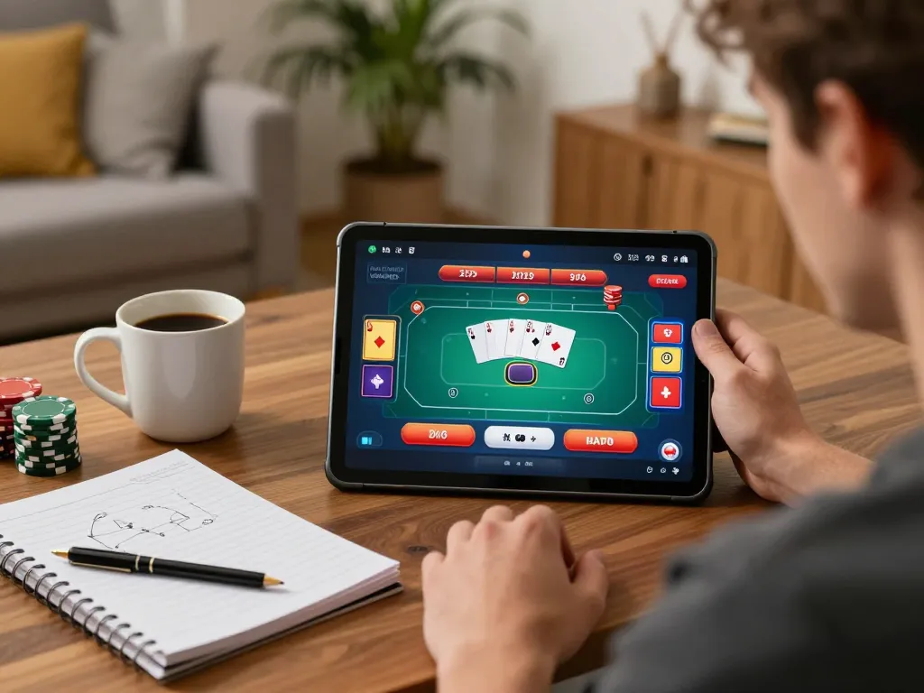 Terlibat dalam permainan poker online melalui kanzenmap di tablet dalam suasana rumah yang nyaman