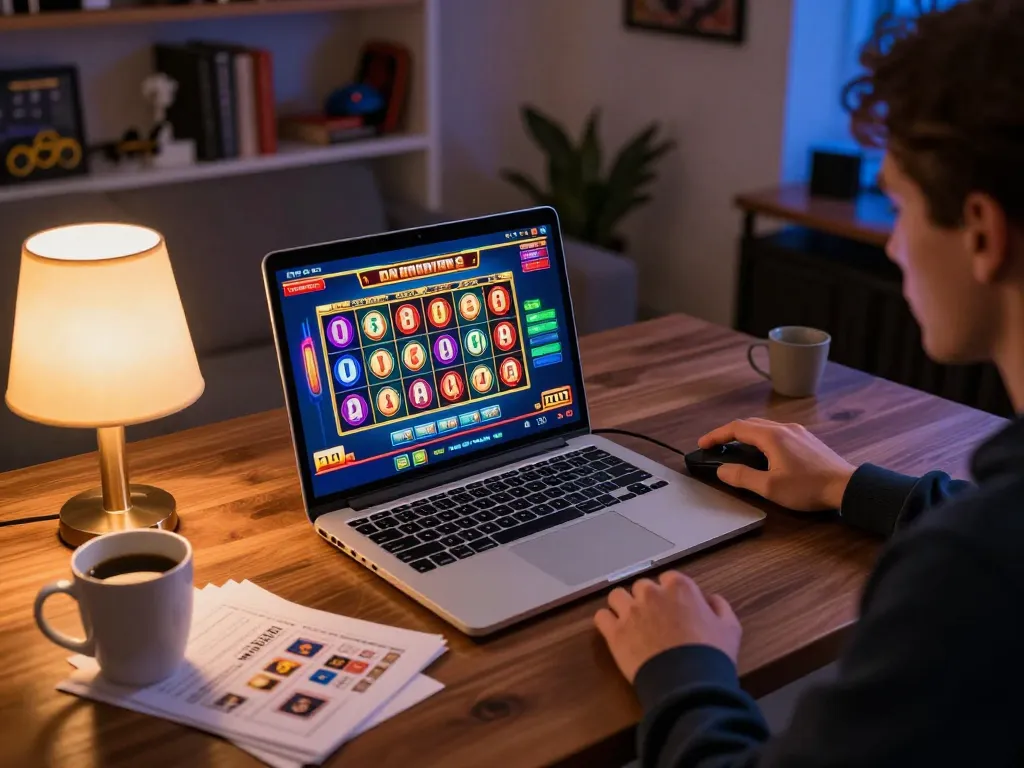 Engaging action at a non uk casino with player preparing to spin the slots online.