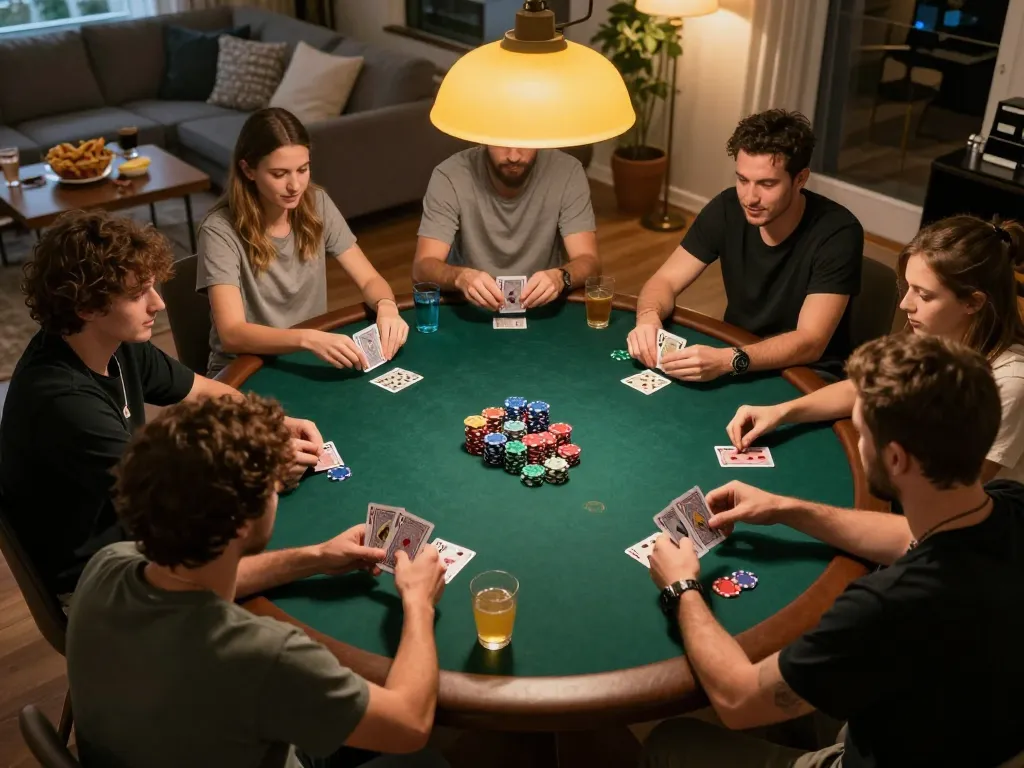 KONG88 players engaged in strategic gameplay during a home poker night, showcasing chips and cards in a cozy atmosphere.