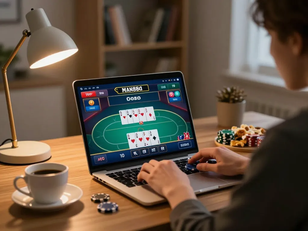 Player enjoying a poker game on laptop at home through man88a gambling platform.