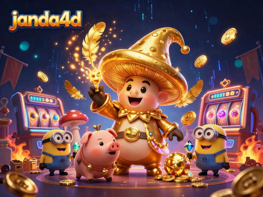 janda4d menghadirkan ilustrasi kasino digital dengan karakter ajaib dan simbol keberuntungan