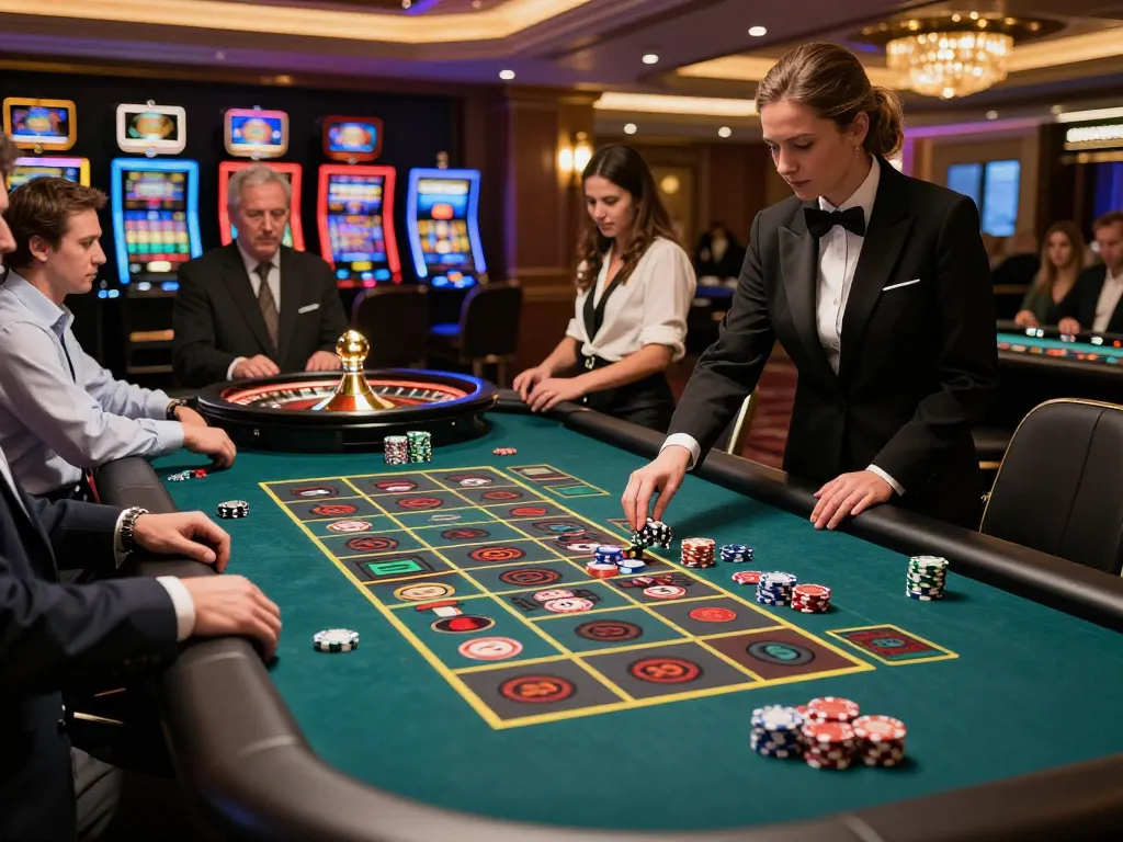 Experience the excitement at BETWIN4D's roulette table with vibrant chips and engaged players.