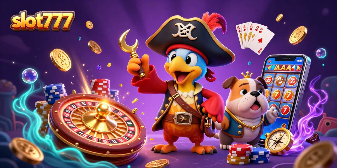 Spin the reels in a vivid slot777 casino scene featuring a pirate captain, bulldog, and ship's cat.