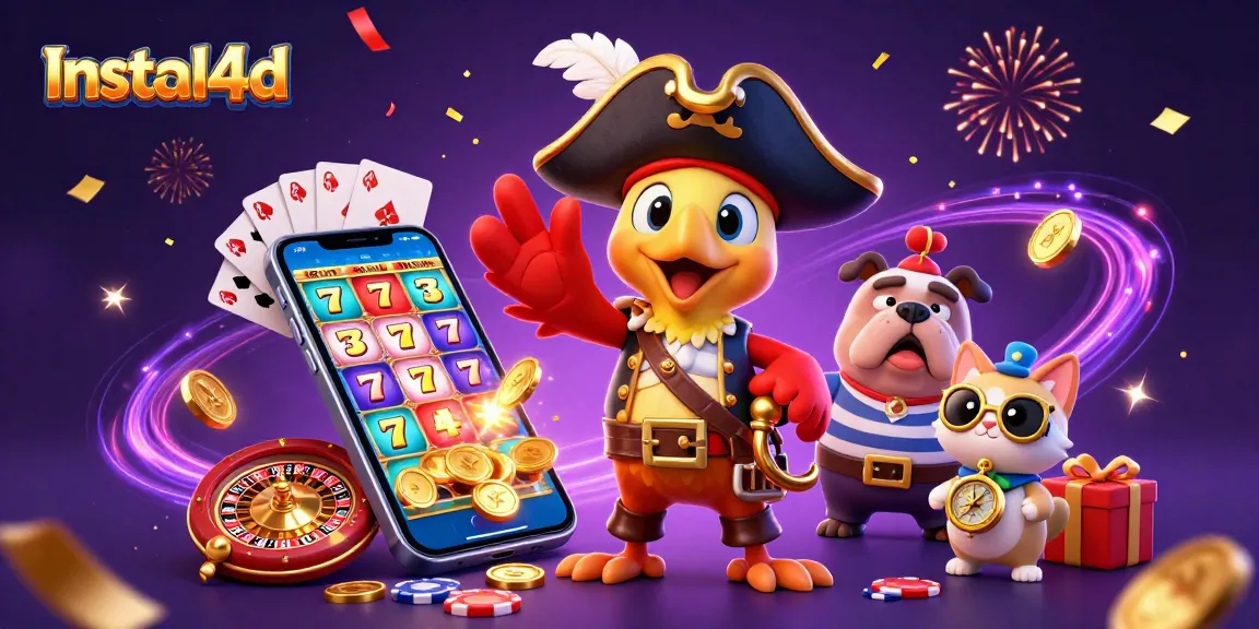 Play exciting slot games with Instal4d's vibrant characters amidst falling confetti and golden coins.