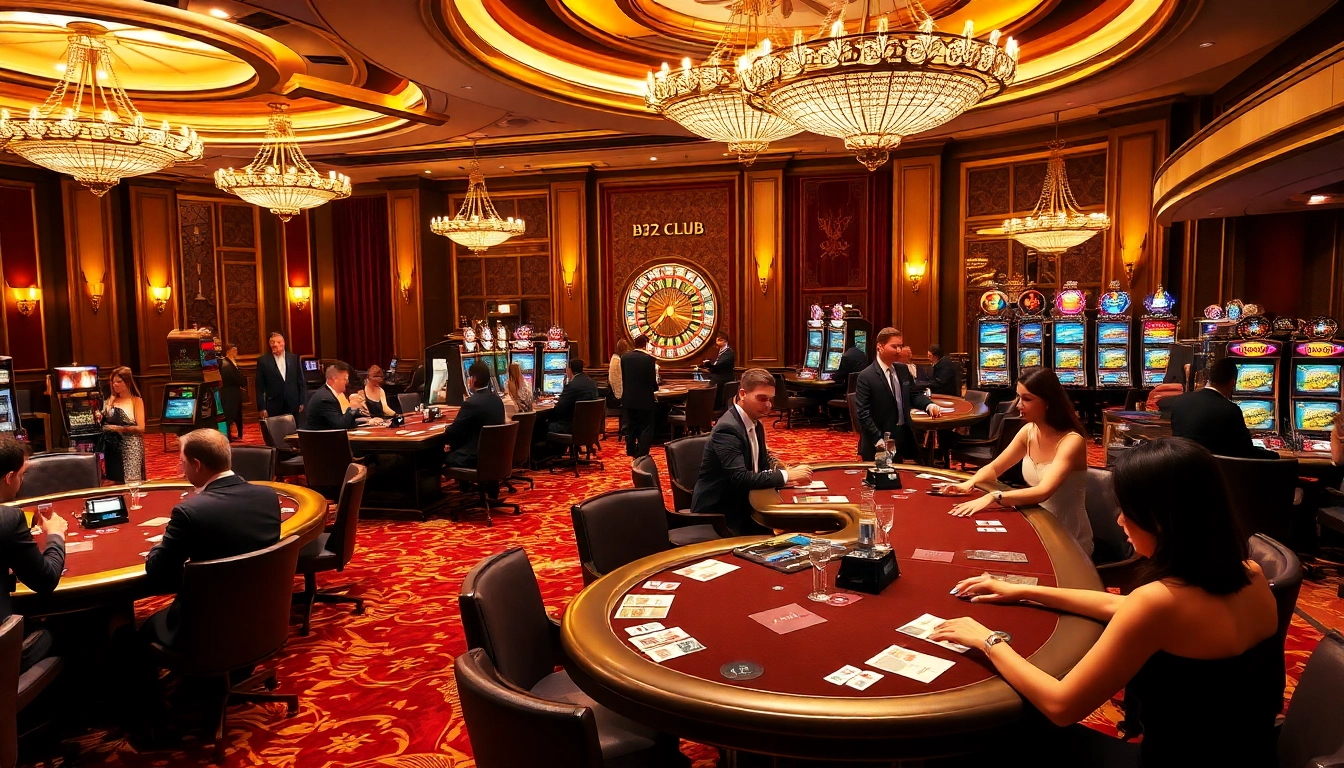 Players enjoying intense poker action at the B52 Club casino, surrounded by luxurious gaming ambiance.