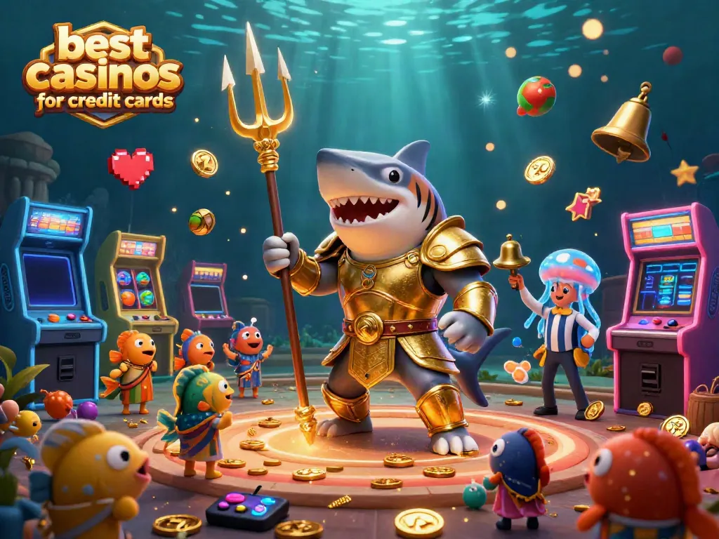The vibrant scene showcases the best casinos for credit cards, featuring a fierce shark in golden armor and casino elements like slot reels and gold coins.