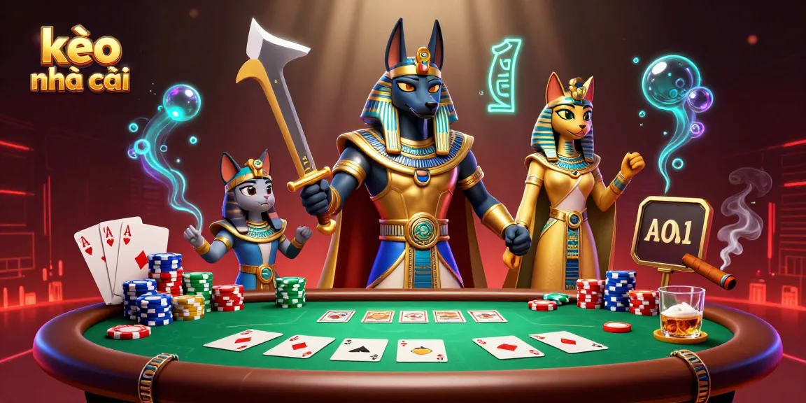 Experience thrilling moments in kèo nhà cái with Anubis and Bastet at a poker table surrounded by vibrant elements.