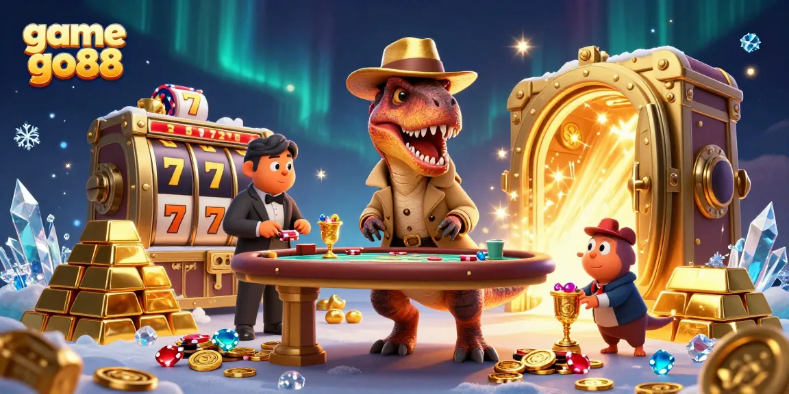 Experience exciting gameplay with game go88, featuring a velociraptor at a blackjack table in a dynamic casino scene.
