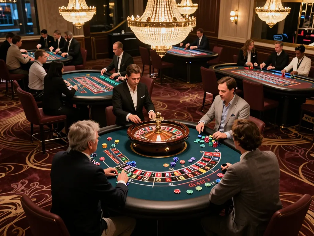 A bustling roulette game at KJC casino with players engaged in lively bets and interactions